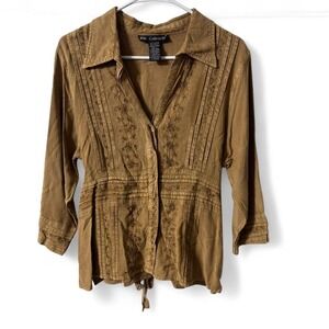 Boho Chic Cottage Core Mlle Gabrielle Embroidered Button Up Tan Blouse Size L